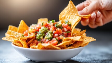 A delicious serving of crispy nachos topped with a vibrant and fresh salsa, presenting a colorful feast perfect for any gathering or celebration, ideal for snacking.