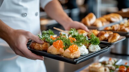 A chef gracefully carries a gourmet dish adorned with garnishes and delicacies, highlighting culinary artistry and elegance, perfect for gourmet cooking and presentation themes.