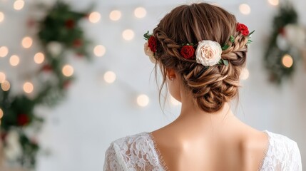 A stunning back view of a bride, showcasing her intricate hairstyle adorned with vibrant flowers, creating a romantic and charming atmosphere for a wedding celebration.