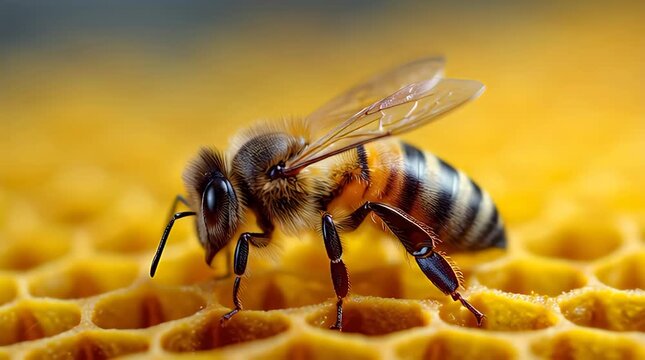 Macro Honey Bee Working on Hexagonal Wax Honeycomb Video.