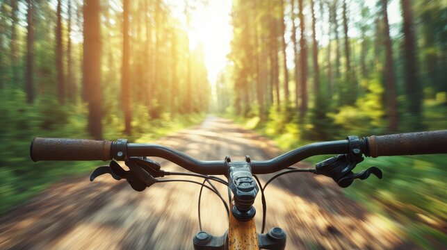 A captivating view from a cyclist&rsquo;s handlebars showcases a beautiful bike trail winding through a vibrant, sunlit forest filled with greenery, inviting nature's adventure.