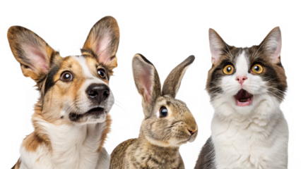 Pets together in one picture showing a dog, cat, and rabbit looking surprised and curious about something happening nearby