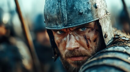 A fierce warrior clad in battle-worn armor, staring intensely into the distance, embodying bravery and resilience, capturing the essence of strength and the warrior spirit.