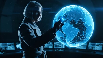 Woman touches holographic globe in futuristic control room. Holographic globe displays global network data. Woman interacts with globe hologram near monitors. Futuristic technology with globe and - Powered by Adobe
