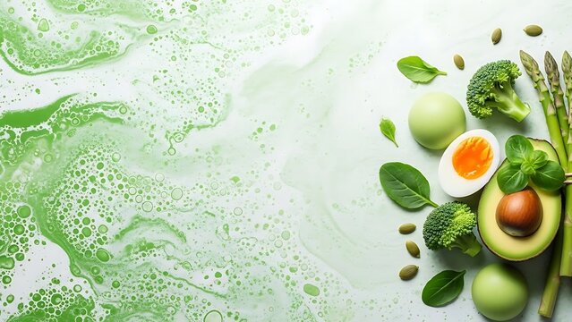 Healthy green food arrangement with fresh vegetables and fruits - Powered by Adobe