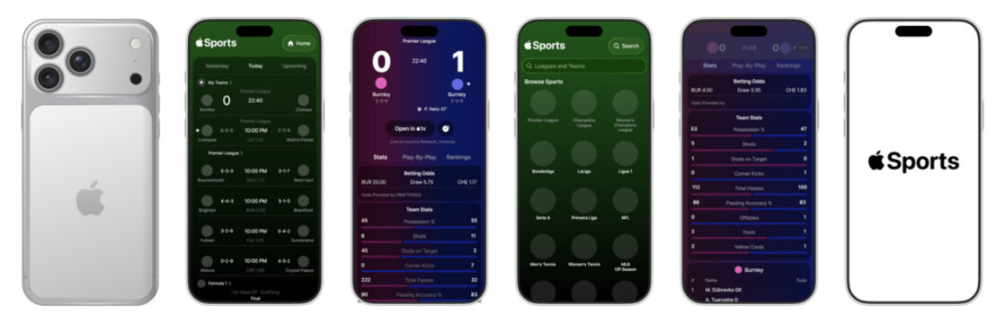 Apple Sports App UI on iPhone 17 Pro Max &ndash; Live Scores, Match Stats and Betting Insights Experience
Apple Sports Mobile Interface Showcase on iPhone 17 Pro Max with Real-Time Sports Data