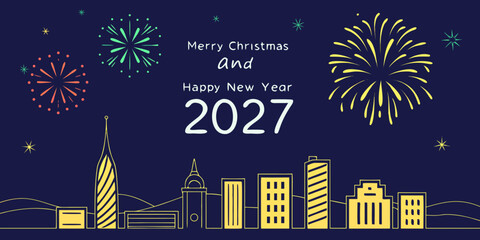 Obraz premium USA, US, U.S, United States - Merry christmas and happy new year 2027 celebration card with colorful fireworks and city skyline outline christmas fireworks celebration greeting colorful