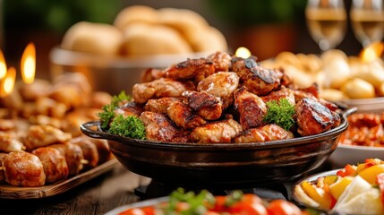 A vibrant platter showcasing succulent grilled chicken along with a variety of appetizing sides, perfect for gatherings or festive occasions, evoking warmth and joy.