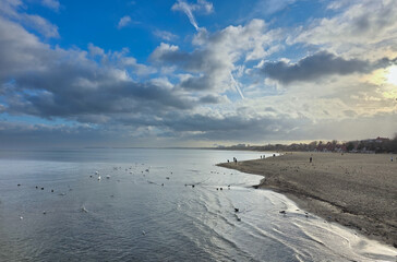 Beautiful cold and sunny winter day on the Sopot seashore, Pomerania