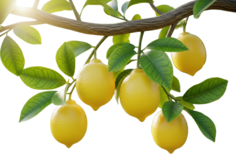 Yellow dimpled lemons suspended from a branch with green leaves, sun-dappled orchard, soft green bokeh, ample copy space, natural purity and zest concept.