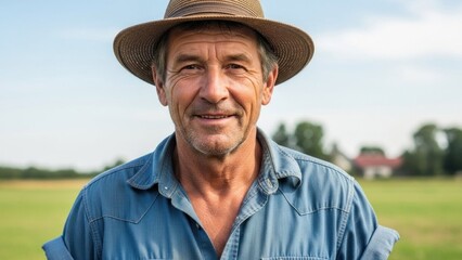 Fototapeta premium A man wearing a hat standing in a field with a clear blue sky in the background.