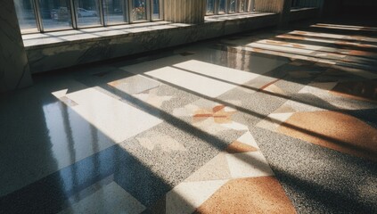 Sunlight streams across a patterned floor in a modern building