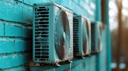 This image depicts a series of air conditioning units installed on a blue wall, providing a glimpse into modern cooling technology and its practical use in daily life.