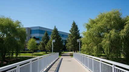 A white bridge with a metal railing, surrounded by green trees and a building in the background.