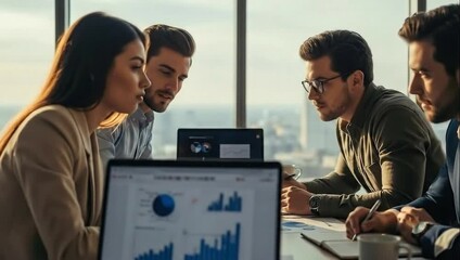 Four business people collaborating on financial data analysis in a modern office setting - Powered by Adobe