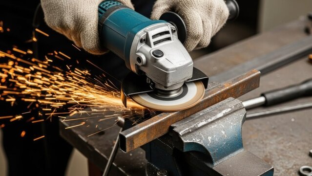 A person using a grinder to cut a piece of metal, with sparks flying.
