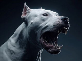 Black and white image of a large, muscular Dogo Argentino with glowing metal teeth, barking fiercely Dramatic cinematic shadows accentuate its powerful structure against a dark gradien - AI-Generated