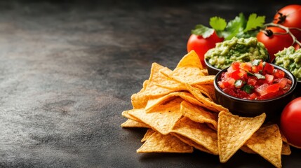 A tempting arrangement of golden nacho chips served with fresh salsa and creamy guacamole, perfect for gatherings and snack enthusiasts seeking flavor and fun.