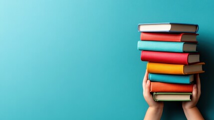 A dynamic composition featuring a colorful stack of books held above a smooth turquoise backdrop, suggesting knowledge, learning, and the joy of reading.