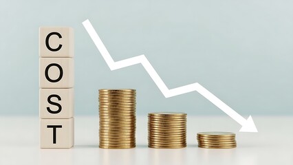 A stack of coins with a downward trend and the word cost