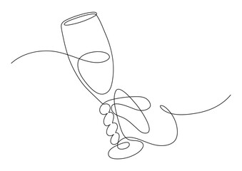 Hand holding glass of champagne, or wine. Continuous line drawing.