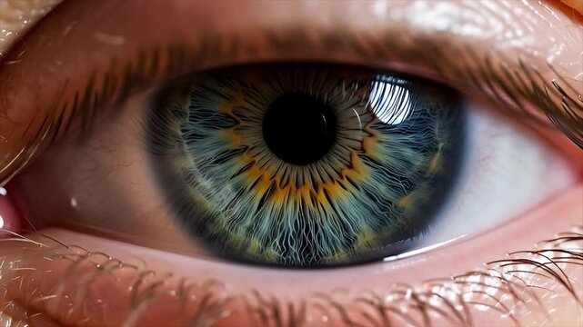 Macro extreme close up human blue eye with gold iris details and long lashes blinking