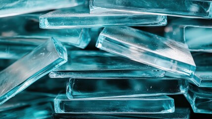 This artistic image features a close-up of stacked glass blocks, showcasing their shiny, cool surface with reflections, emphasizing the beauty of form and texture in a contemporary style.