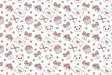 Seamless Cute Valentine Pattern with Smiling Hearts, Cupcakes, and Love Icons
