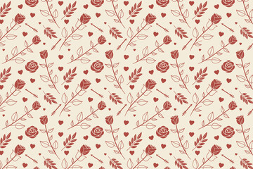 Seamless Hand-Drawn Heart Pattern with Arrows, Leaves, and Love Doodles in Black and Red