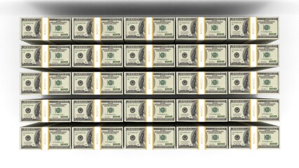 Bundles of one hundred dollar bills fall