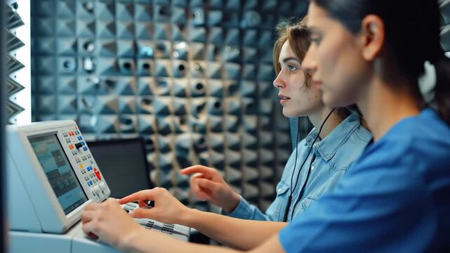 Video of a young woman wearing headphones during a hearing test in a soundproof audiometry booth; the patient presses the response button.