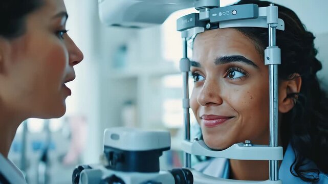 An ophthalmologist examines a patient's retina using a slit lamp biomicroscope, interior of a modern ophthalmology clinic, video