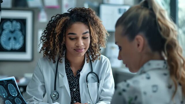 Video of a doctor explaining the diagnosis to a concerned young patient across a desk, with brain scan images and medical reports on the desk, both sitting in a comfortable, modern doctor's office.