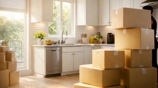 Stacked Moving Boxes in Bright Modern Kitchen During Home Relocation Process