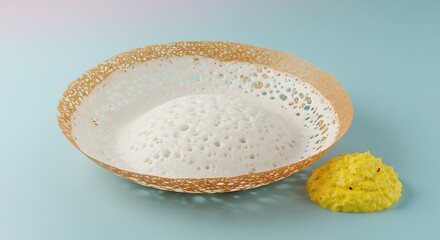 Traditional Sri Lankan or South Indian Appam Hopper with Spicy Chutney on a Light Blue Background