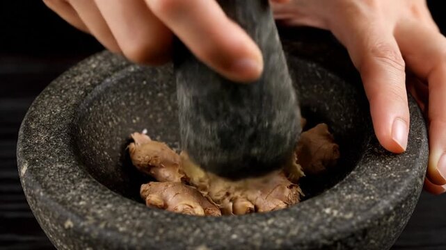 Close Up of Hands Crushing Fresh Ginger in Dark Stone Mortar and Pestle on Dark Background Preparation Cooking