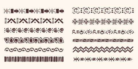 Set african tribal ethnic border, divider doodle hand drawn from geometrical shapes isolated. Boho motif scandinavian srtoke, traditional native decor.