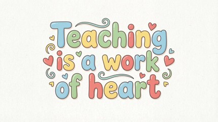 Vibrant teaching quote with colorful hearts and swirls on white background