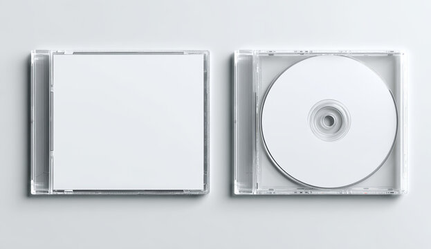 Blank white cd case mockup with an open case revealing a white blank disc on a clean white background