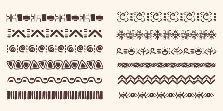 Set african tribal ethnic border, divider doodle hand drawn from geometrical shapes isolated. Boho motif scandinavian srtoke, traditional native decor.