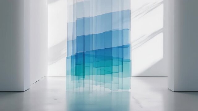 A translucent blue-toned art installation in a minimalist, white gallery space