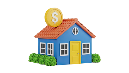 Cartoon house with dollar coin on roof, representing real estate investment