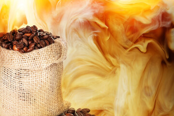 Bag with coffee beans against milk swirls in beverage