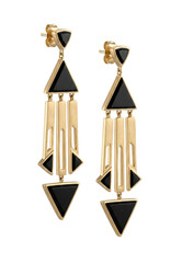 Art Deco gold and black onyx geometric drop earrings. Luxury jewelry.