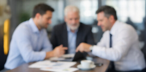 Blurred Business Meeting Background with Three Professionals Discussing at Office Table