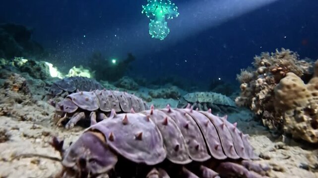 Gigantic deep sea giant isopod crawls on ocean floor surrounded by rocky terrain and marine life