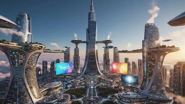 Futuristic Smart City with Digital Screens and Advanced Technology