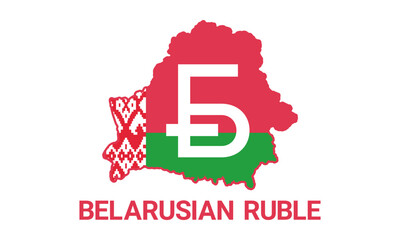 Vector financial and monetary symbol of Belarusian ruble. Map and flag of Republic of Belarus. Isolated background