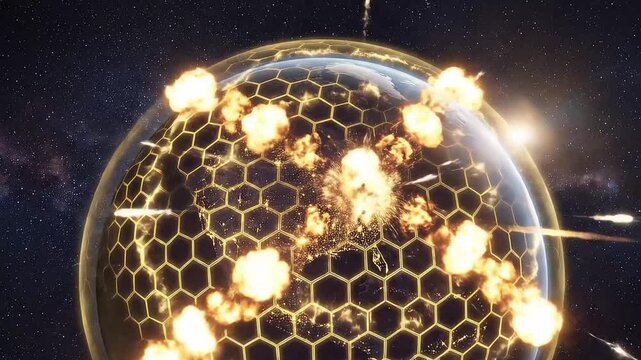 futuristic Golden Dome earth defense system with global anti-missile energy shield and orbital protection technology for planetary security
