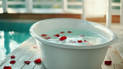 A luxurious white bathtub filled with calm water and adorned with delicate rose petals, beautifully inviting and serene, perfect for relaxation and self-care moments.